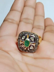 Rose Cut Diamond Ring Four Polki Diamond & Emerald Ring Pave 925 Sterling Silver - Picture 1 of 5