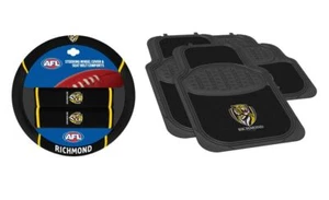 SET OF 2 RICHMOND TIGERS AFL TEAM LOGO CAR STEERING WHEEL COVER & 4 FLOOR MATS - Picture 1 of 4