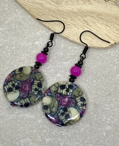 Pair Skull Skeleton Rose Shell Earrings Goth Dangle Retro Drop Gift Black Pink - Picture 1 of 5
