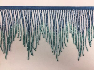 6" BLUE/TEAL Ombre BUGLE Beaded Fringe CHEVRON Lamp Costume Trim - Picture 1 of 2