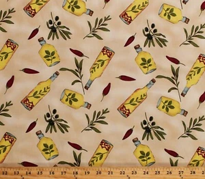 Cotton Twill Lite Olive Oil Bottles Mediterranean Kitchen Fabric by Yard D256.12 - Picture 1 of 1