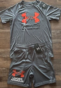 NWT Under Armour YLG Dark Gray/ORange/Black BIG LOGO Shorts Set Large - Picture 1 of 4