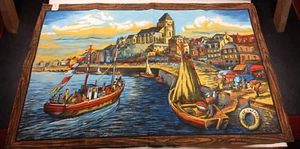 Vintage Wandbild Le Treport Druck Normandie Frankreich Textil Original Etikett 20 x 28 - Bild 1 von 8