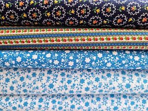 5 Prints Vintage 70s Calico Small Floral BLUE 100% Cotton Fabric Lot