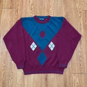 Vintage 90s Par Four Geometric Red and Teal Knit Grandpa Sweater Size Large - Picture 1 of 7