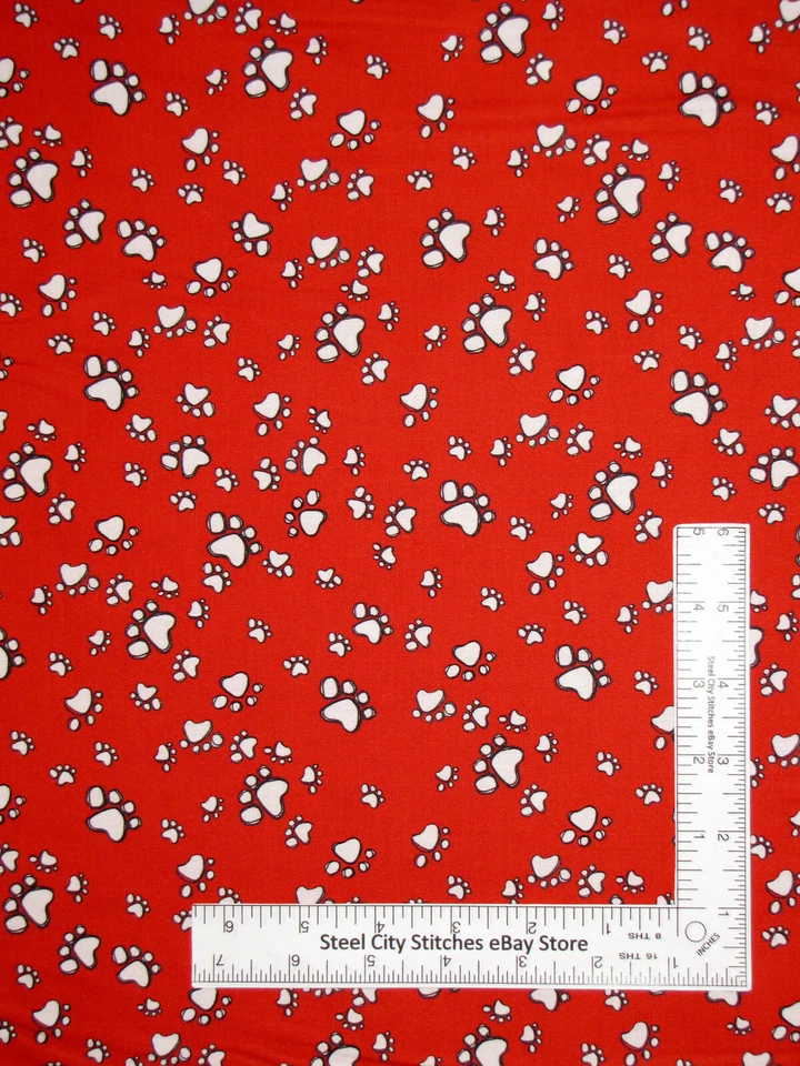 Paw Print Fabric Christmas Cat Paw Flakes Red DYE LOT 1 Cotton Loralie By Yard - Image 1 of 1