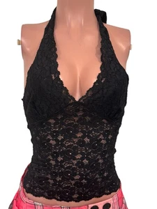 Top scollato sexy nero pizzo Y2K festa semi-velato reggicalze che esce clubbin nuovo con etichette - Foto 1 di 2