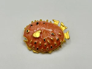 Vintage Emaille Kugelfisch Brosche ~ Koralle Rosa & Gold MJENT Anstecknadel - Bild 1 von 6