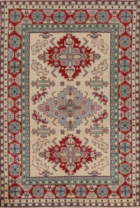 Tappeto in lana avorio fatto a mano 6x8 geometrico super kazako orientale decorazione camera tappeto - Foto 1 di 21