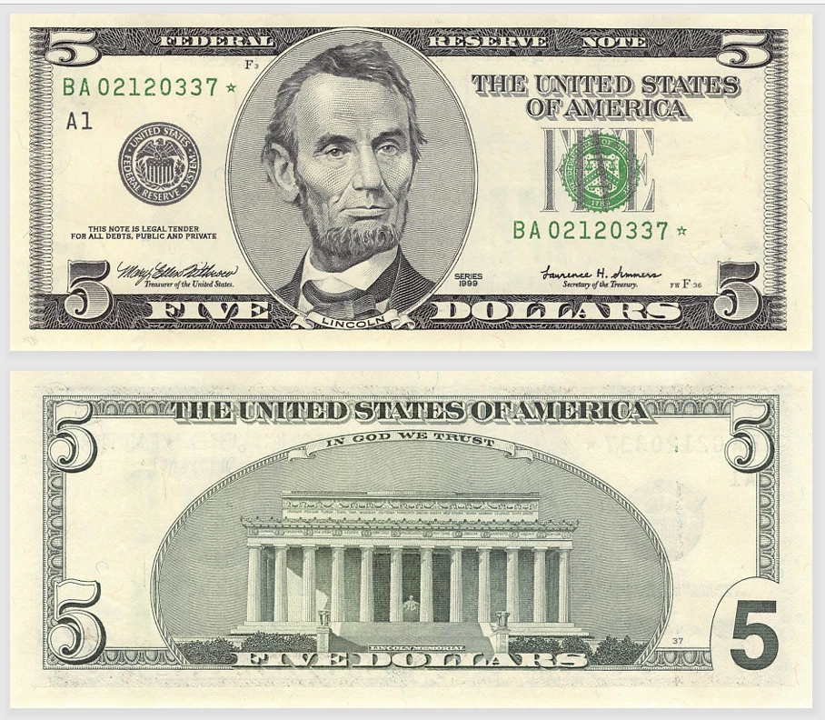1999 Boston $5 Federal Reserve *Star Note Consecutive ~ 1 Note From Bank Pack - Image 1 of 1