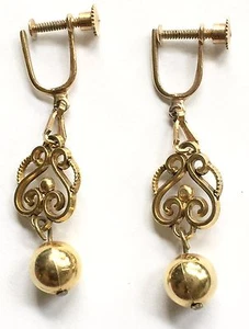 VINTAGE ESTATE ORNATE GOLD TONE DROP EARRINGS WITH SCREWBACKS - Picture 1 of 3