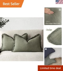 Set of 2 Boho Decorative Linen Fringe Lumbar Pillow Covers 12x20" Olive Green - Picture 1 of 9