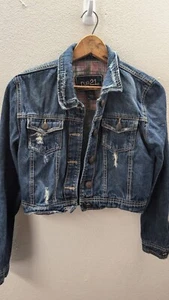 Rue 21 Denim Jacket Juniors M Blue Cropped Rip Torn Distressed Hipster - Picture 1 of 8