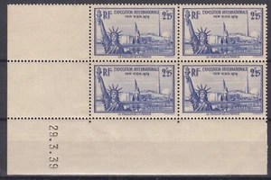 FRANCE NEW YORK N° 426 BLOC DE 4 COIN DATE 29.3.39 NEUF ** GOMME SANS CHARNIERE - Imagen 1 de 2