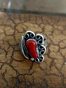 Native American Sterling Silver Red Coral Ring - Picture 1 of 10
