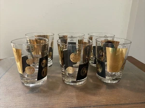 MCM Mid-Century CERA Glass Gold Black Dollar Coins Set of 6 Double Old Fashioned - Picture 1 of 5