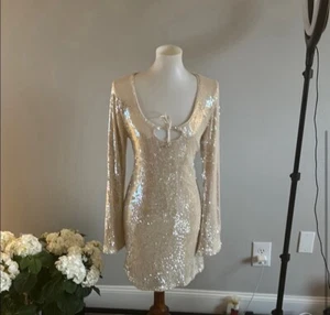 Women's Long Sleeve Sequin Mini Shift Holiday Dress - Wild Fable Champagne - Picture 1 of 4