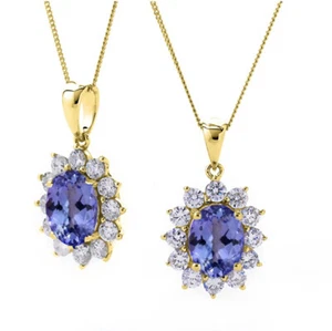TANZANITE & DIAMOND GENUINE PENDANT OVAL HALO NATURAL YELLOW GOLD WITH CHAIN - Picture 1 of 3