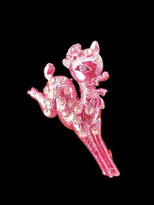 Vintage leaping deer pin Pink Sparkly Christmas holiday brooch Rare find - Picture 1 of 6