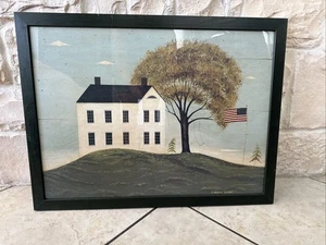 Warren Kimble House With Flag Green Wood Framed Print American Folk Art 23x30" - Picture 1 of 5