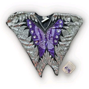 Vintage Sequin Butterfly Blouse, Silk Tunic, Silver/Black/Purple - Picture 1 of 13