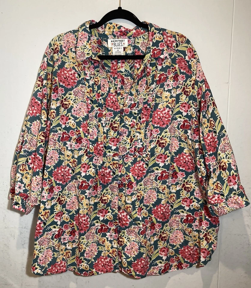 Top vintage Main Street Blues floral con botones talla grande 2X Cottagecore Spring Foto 1 de 4
