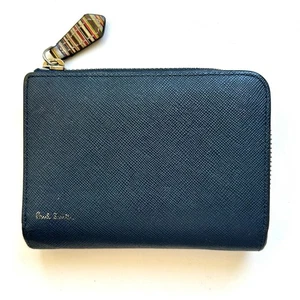 Paul Smith Authentic Leather Bifold Wallet Zip Straw Grain 2 Navy - Picture 1 of 9
