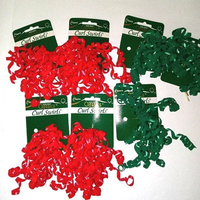7 Velvet Curly Tie On Bow Gift Toppers 3 Green 4 Red Christmas Ribbons NOS - Image 1 of 4