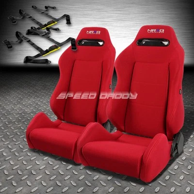 NRG TYPE-R RED RECLINABLE RACING SEATS+UNIVERSAL SLIDER+2X 4-POINT HARNESS BELT - Image 1 of 4