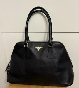Vintage PRADA Saffino Black Leather Double Handle Purse w/ Lock and Key - Picture 1 of 15