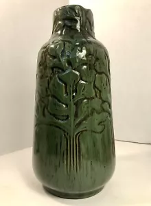 Eastlake Inspired Green Ceramic Vase Arts & Crafts Style Trees Forest 12” Tall - Picture 1 of 5