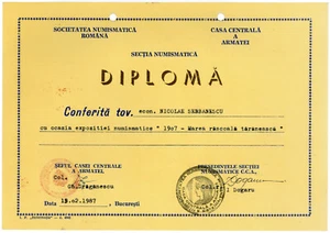 Romania, 1987, Romanian Numismatic Society Diploma - Central Army House - Picture 1 of 1