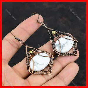 Oval Howlite Stone Copper Elegant Drop Dangle Wife Wire Wrapped Earrings Jewelry - Picture 1 of 6