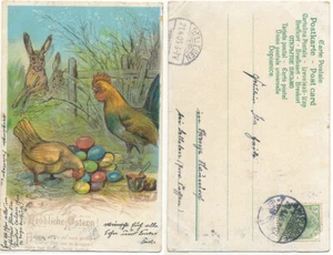 Cartolina Pasqua 1905, conigli galline uova, Karlsruhe a Belleben presso Alsleben - Foto 1 di 1