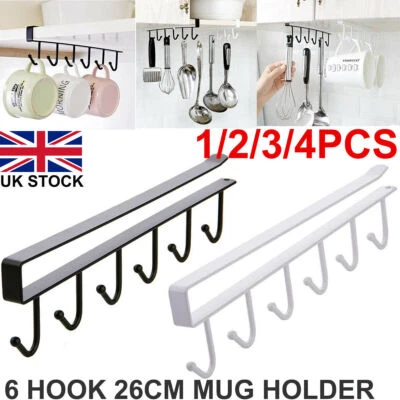 Kitchen Metal Mug Cup Holder Under Shelf Hanger Cupboard Storage Rack 6 Hooks UK - Image 1 of 4