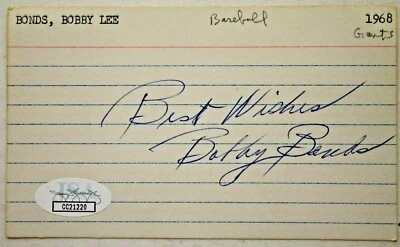 Bobby Bonds (d.03) 科幻巨人洋基队天使亲笔签名签名 3x5 卡 JSA — 第 1/2 张图片