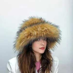 Soft Wide Brim Faux Fur Bucket Hat Brown Oversized Warmer Winter Fisherman Cap - Picture 1 of 8