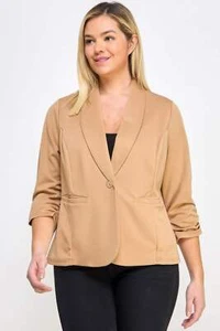 Women Business Casual Techno Scuba Blazer W/pockets Camel - Picture 1 of 9