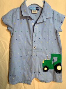 Goodlad Baby Boy Romper Blue Cotton Blend w/Embroidered Green Tractor 12 month