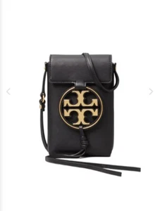 TORY BURCH Metal Miller Phone Leather Crossbody Bag Black & Gold New Sold Out - Picture 1 of 9