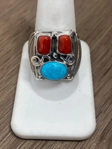 Navajo Mens Ring Hallmarked Turquoise and Coral Stones 16.5g Size 11 (WCP031245) - Picture 1 of 6
