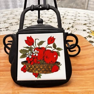 Vintage Kitschy Farm Tea Pot Kettle Cast Iron Trivet Ceramic Tile Kitchen Apple - Picture 1 of 7