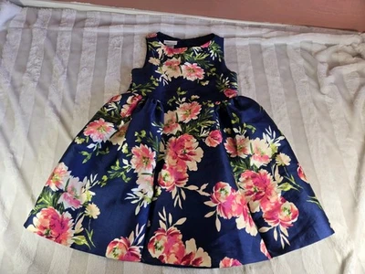 Big Girls Bonnie Jean Navy Blue Mikado Fit Flare Sleeveless Dress Pink Floral 12 - Image 1 of 4