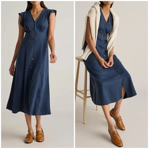 Quince Size XL Womens Vintage Wash Tencel Button Front Midi Dress Midnight Blue - Picture 1 of 20