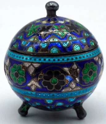 Caja de baratija redonda vintage china de plata pura y cloisonné vivo con bisagras Foto 1 de 4