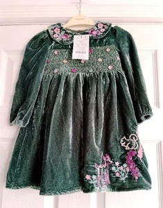 NEW MONSOON - Age 2 - 3 Years - Green Velvet Flower Embroidered Dress - Picture 1 of 8