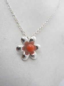 Collier Avec Fleur En Argent 925 Et Corail Rouge Naturel - Pendentif - Chaîne - Picture 1 of 7