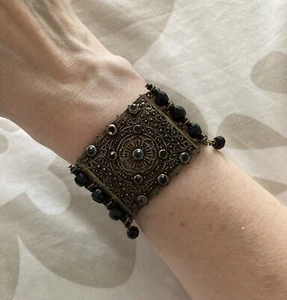 90’S/00’S Vintage Brass/Black Boho/Hippie Style Jewelled Filigree Bracelet VGC - Picture 1 of 10