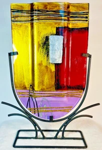 JASMINE ART GLASS Small Pocket Vase Fused Hand Painted (13.5in x 7in x 3in) - Picture 1 of 3