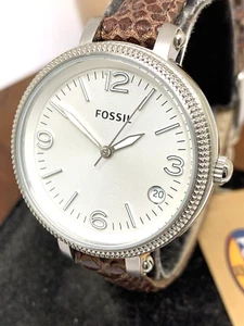 Reloj para mujer Fossil ES3184 cuarzo esfera plateada fecha correa de cuero marrón 34 mm - Imagen 1 de 12